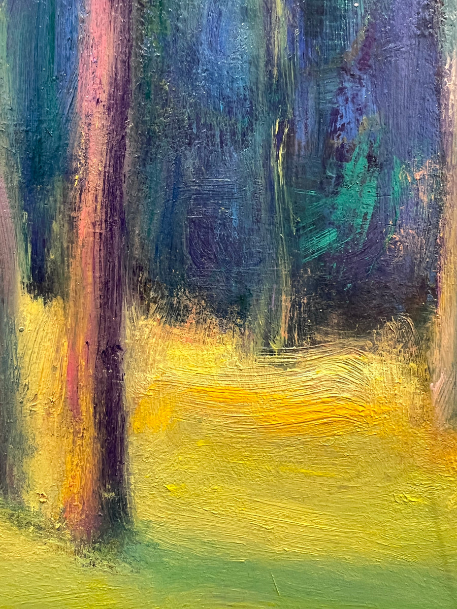 A close up detail image of one of the bottom of the trees meeting with yellow and green grass with a blue and purple background in Ken Elliott's painting. 