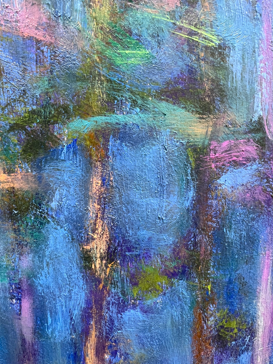 A close up detail image of the blue, purple, and green sky in Ken Elliott's painting. 