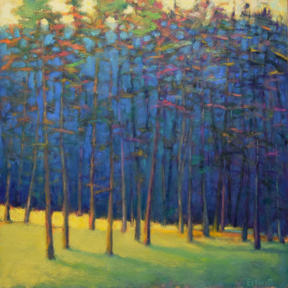 An impressionist painting of a forest with multi-colored leaves and sunlight backlighting the trees from the left. 
