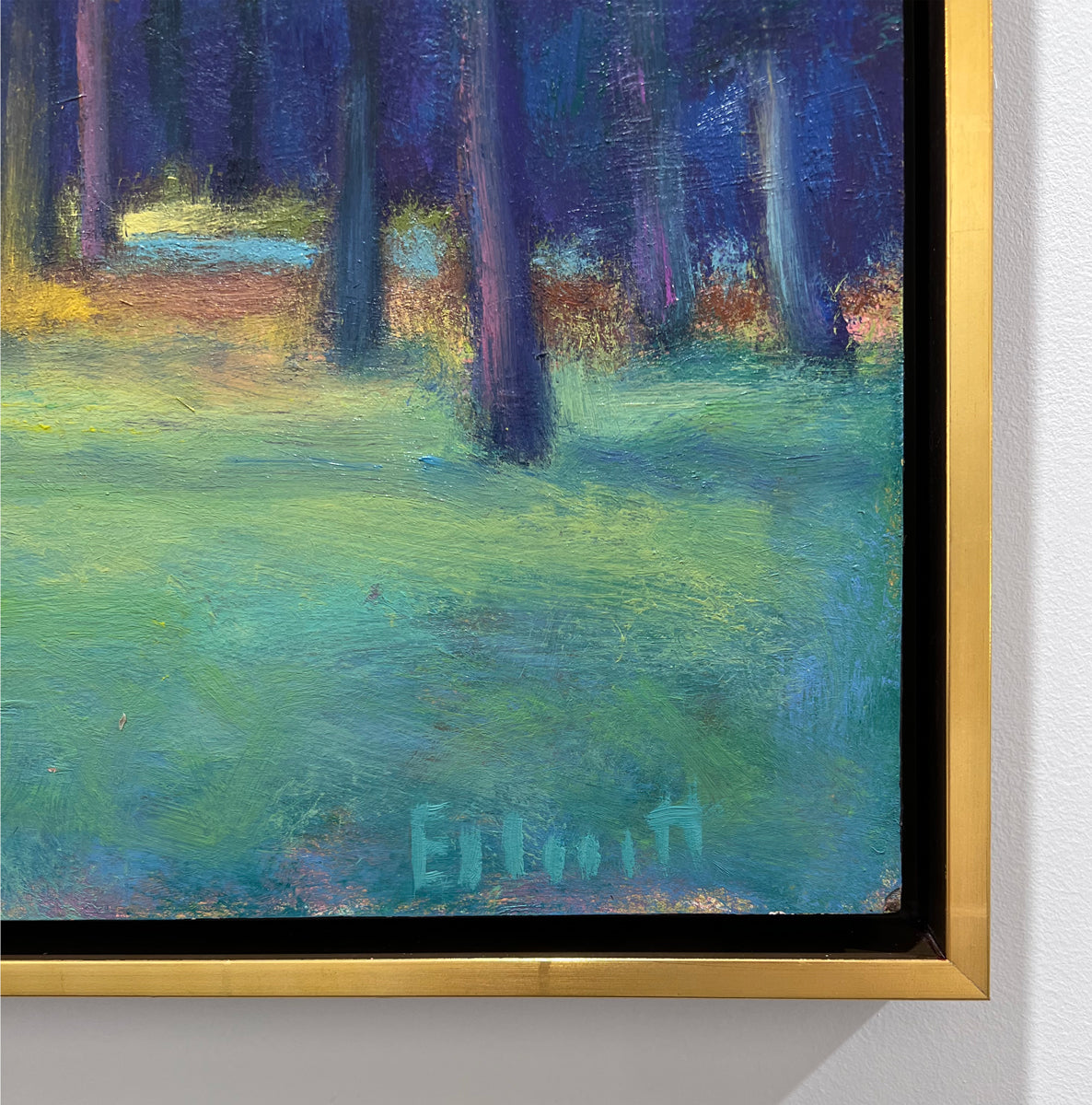 A close up image of Ken Elliott's signature at the bottom right hand corner of the painting. 