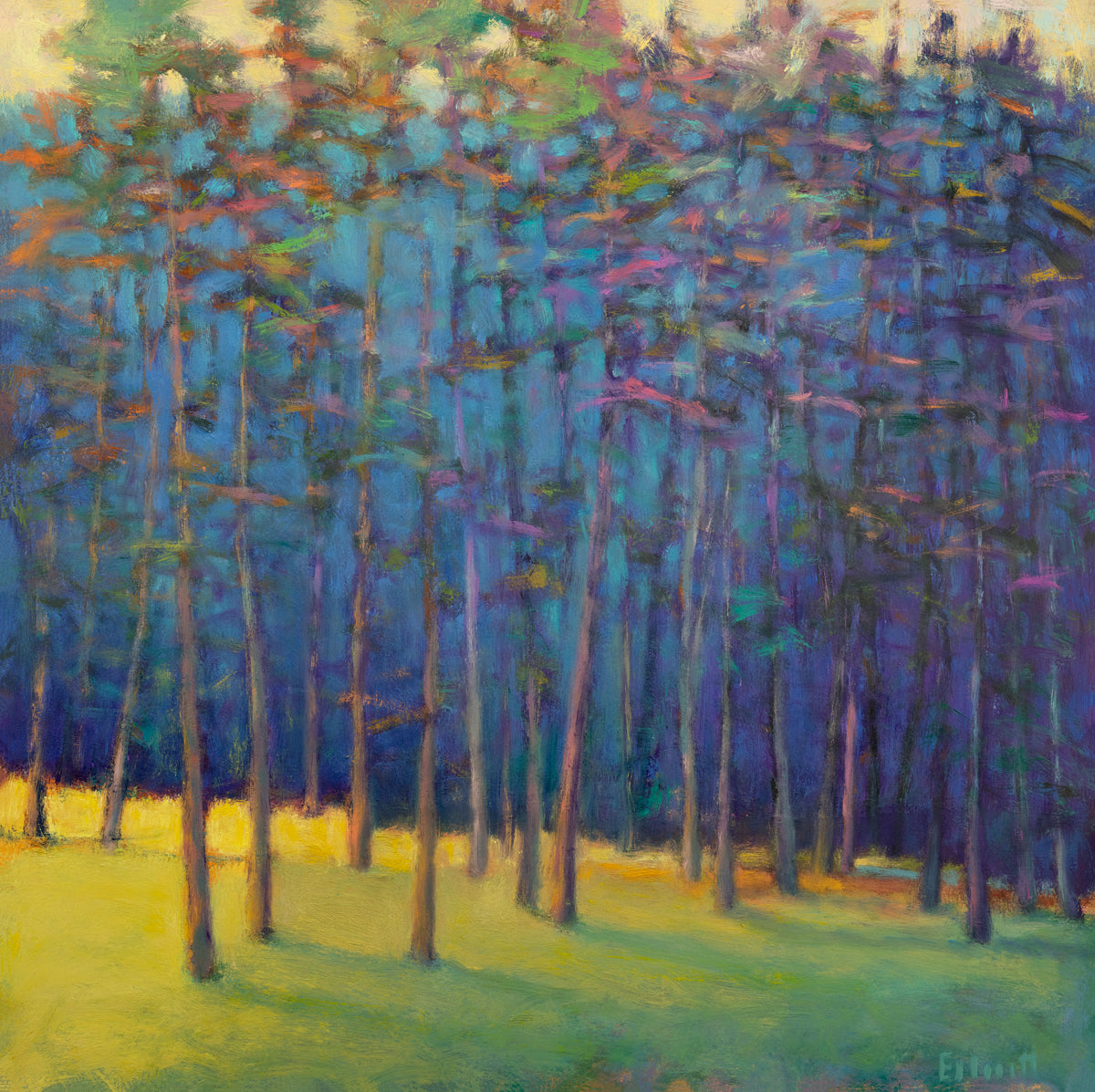 A blue, green and yellow abstract tree landscape print by Ken Elliott.