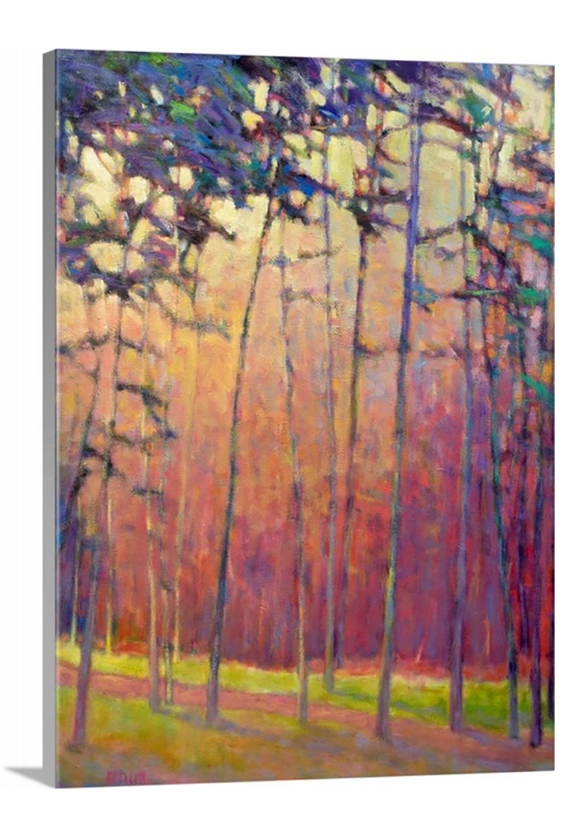 A side-angle view of a blue, red and orange abstract tree landscape print on canvas.