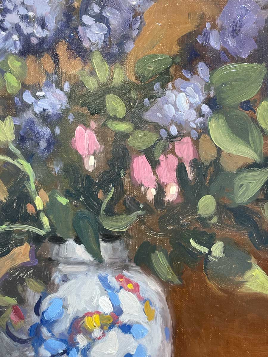 Detailed, close up of lilacs in vase in hyperrealist painting.