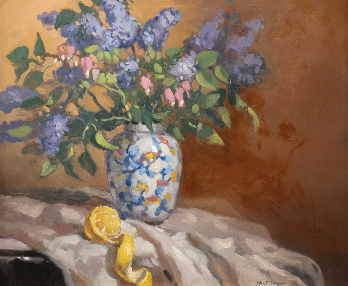 Detailed, close up of lilacs in vase with peeled lemon underneath in hyperrealist painting.