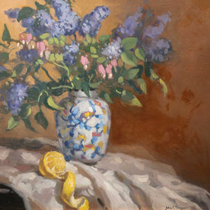 Detailed, close up of lilacs in vase with peeled lemon underneath in hyperrealist painting.