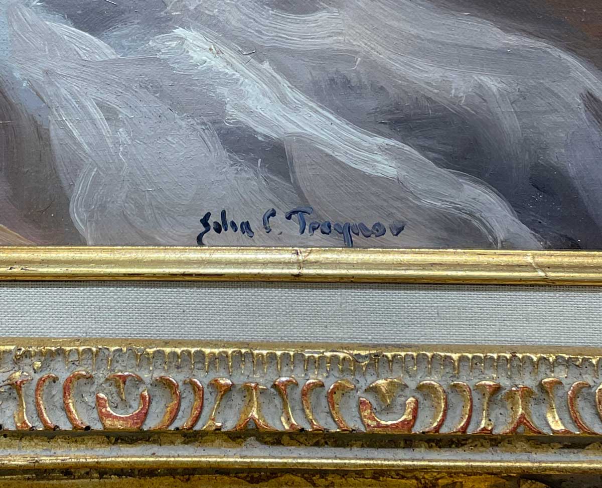 Detailed close up of artist John Traynor's signature on lilacs painting. 