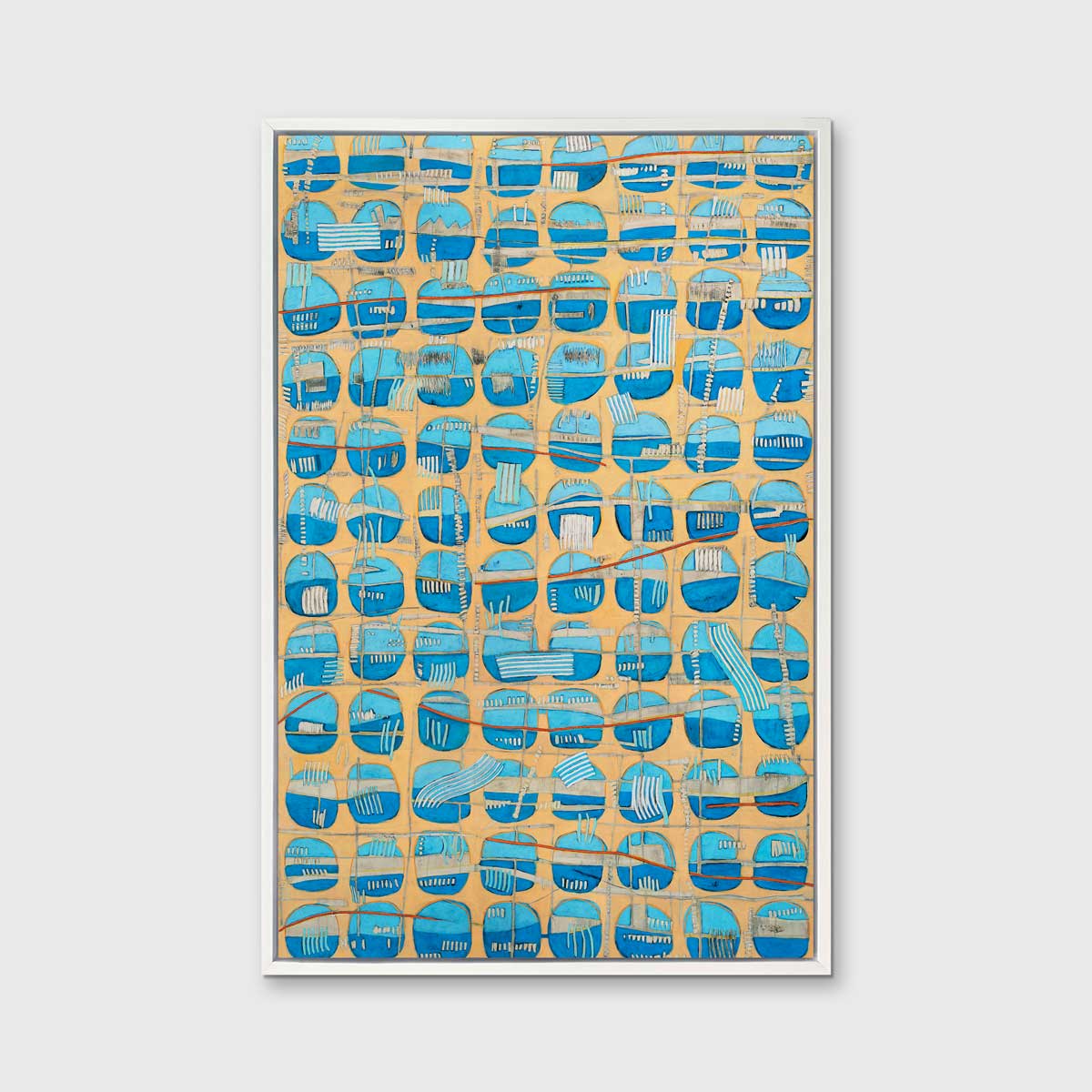 An orange, blue and light blue abstract print in a white floater frame hangs on a white wall.