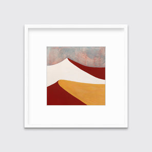 A dark red, white, dark yellow and teal abstract landscape print in a white frame with a mat hangs on a white wall.