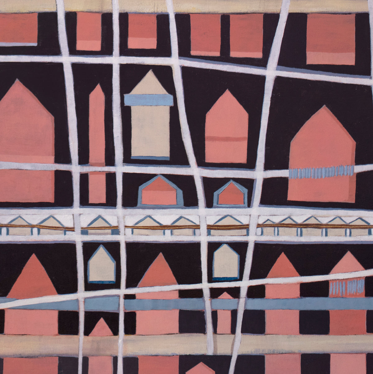 A detail shot of an abstract painting with cross hatching brushstrokes over small pink house shapes.
