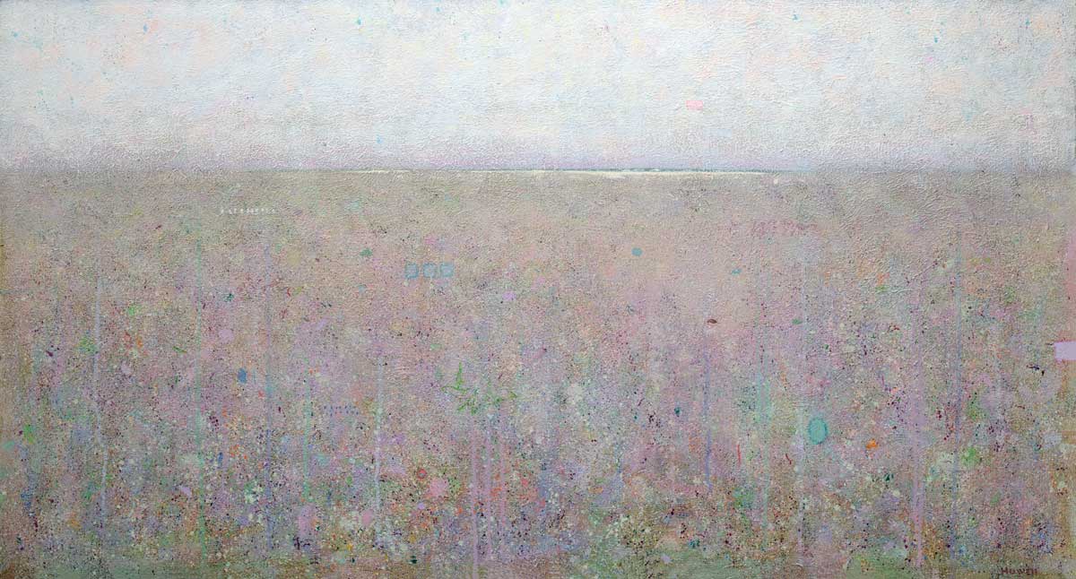 A muted green abstract landscape print with multicolor accents by Elwood Howell.