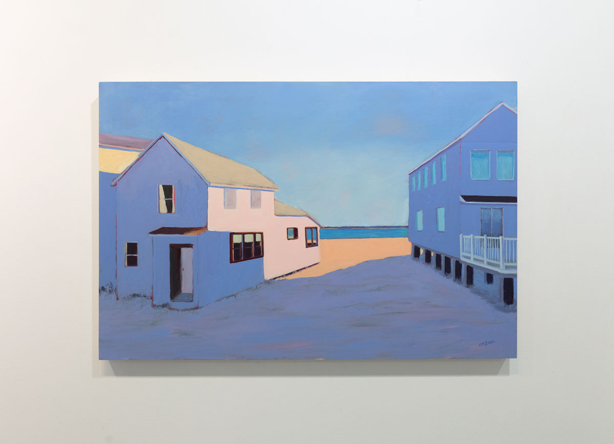 A purple contemporary landscape painting is hung on a gallery wall.