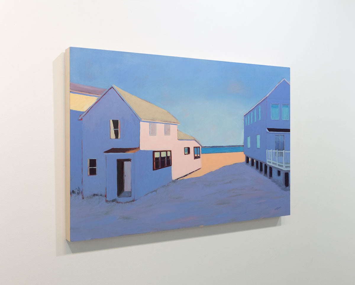 A purple contemporary landscape painting is seen at an angle on a gallery wall.