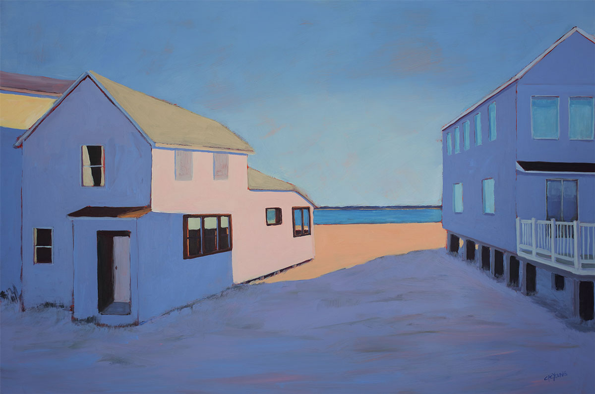 A contemporary landscape painting featuring two beach houses with a strong contrast shadow. The water is in the background and meets the gradient blue of the sky.