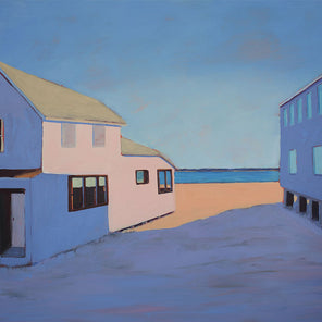 A contemporary landscape painting featuring two beach houses with a strong contrast shadow. The water is in the background and meets the gradient blue of the sky.