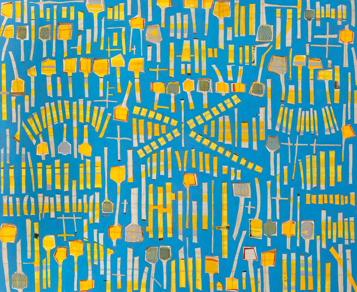 A blue and yellow abstract print by Sofie Swann.