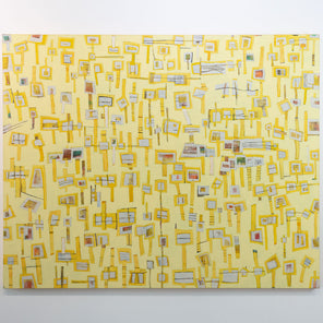 An abstract painting of yellow "lollipops" on a yellow background is hung on a gallery wall.