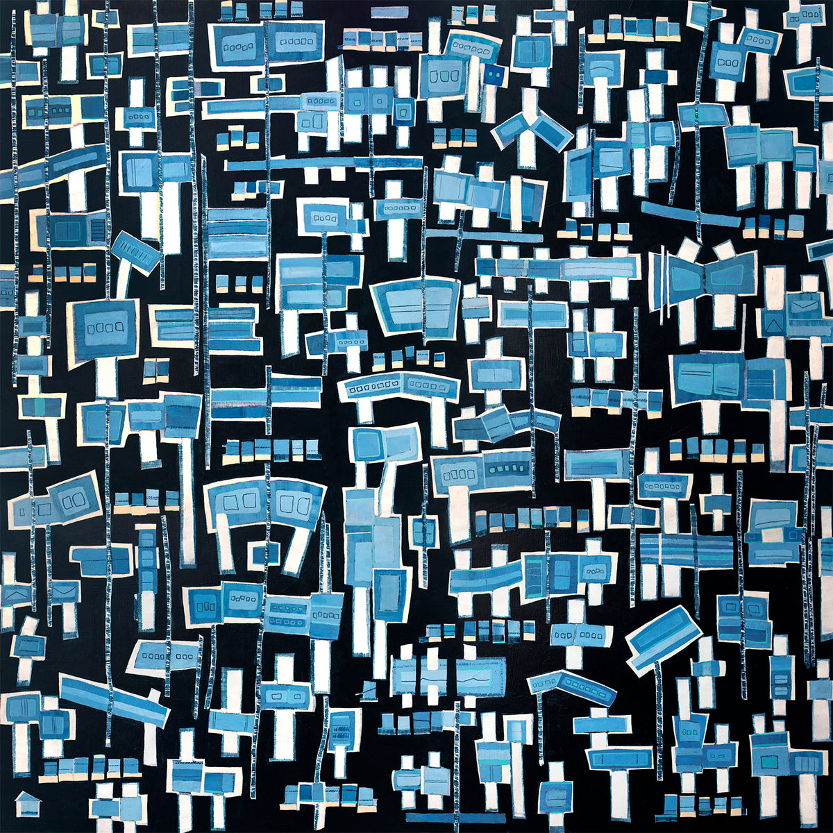 A blue, white and black abstract print by Sofie Swann.