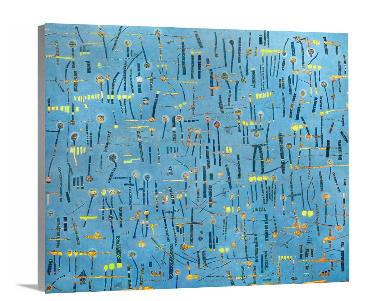 A side-angle view of a blue, yellow and orange abstract print on canvas.