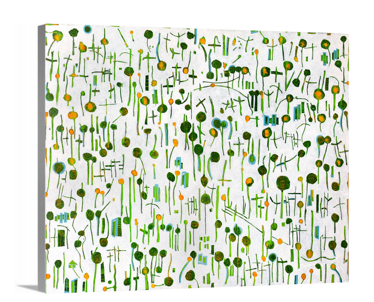 A side-angle view of a green, yellow and white abstract print on canvas.