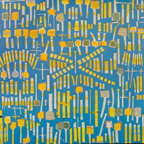 An abstract panting of yellow sticks and "lollipops" on a blue background. Wired and ready to hang.