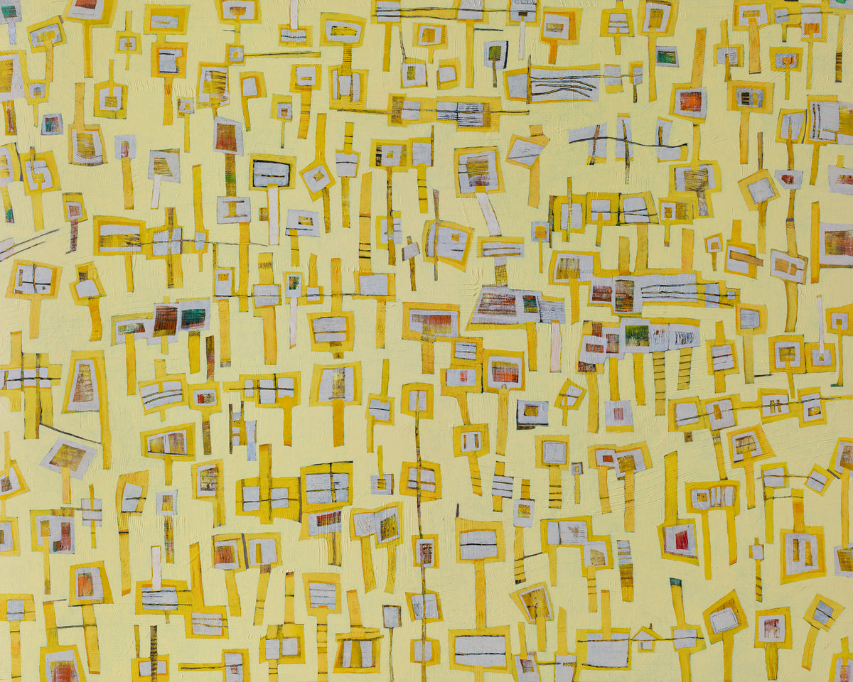 A yellow and grey abstract print by Sofie Swann.
