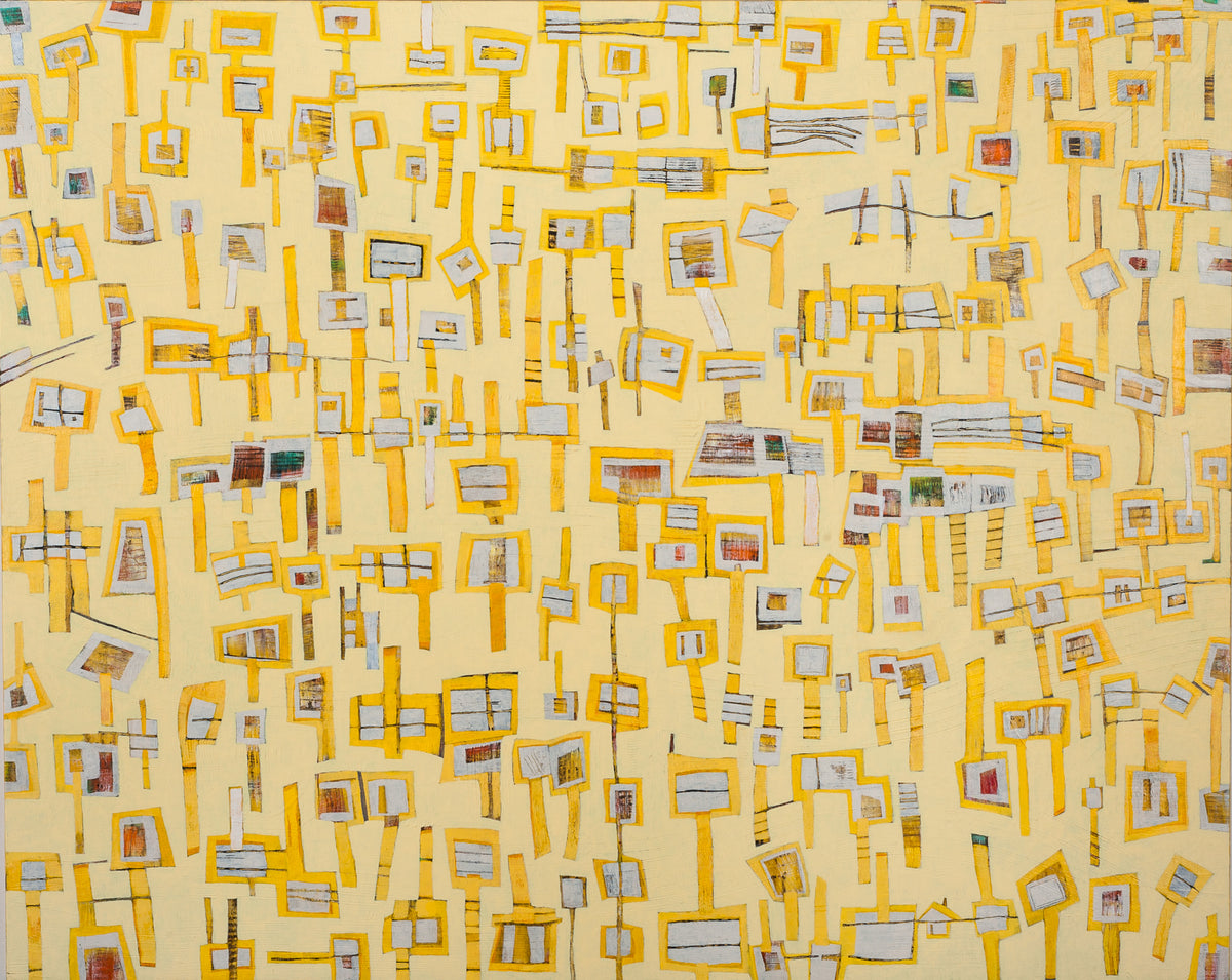 An abstract painting of yellow "lollipops" on a yellow background. Wired and ready to hang.