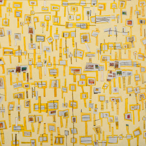 An abstract painting of yellow "lollipops" on a yellow background. Wired and ready to hang.