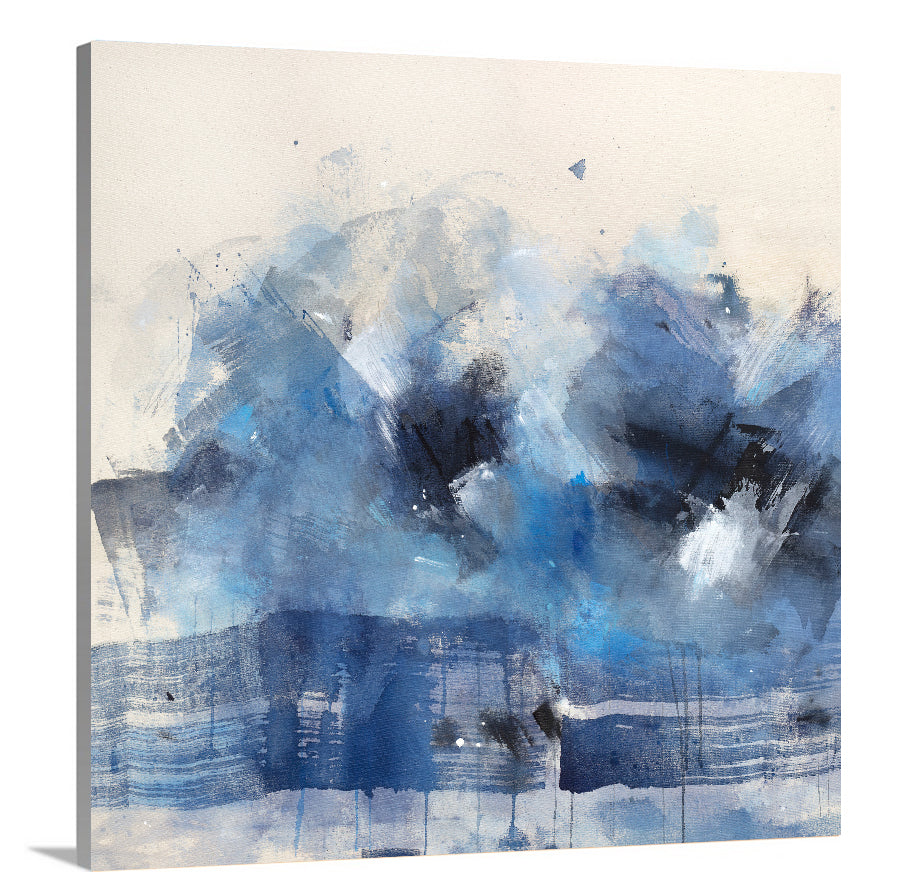 A side-angle view of a blue, beige, white and black abstract print on canvas.