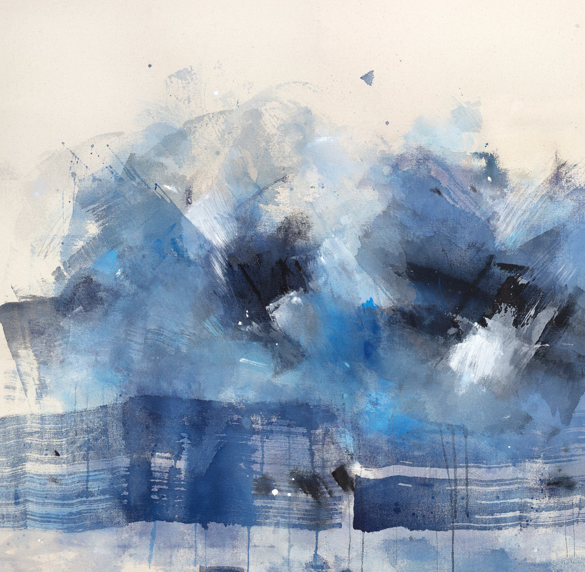 A blue, beige, white and black abstract print by Kelly Rossetti.