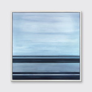 A tonal blue linear abstract print in a white floater frame hangs on a white wall.