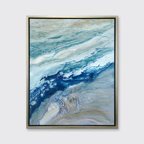 A blue, teal, gold and white abstract print in a silver floater frame hangs on a white wall.