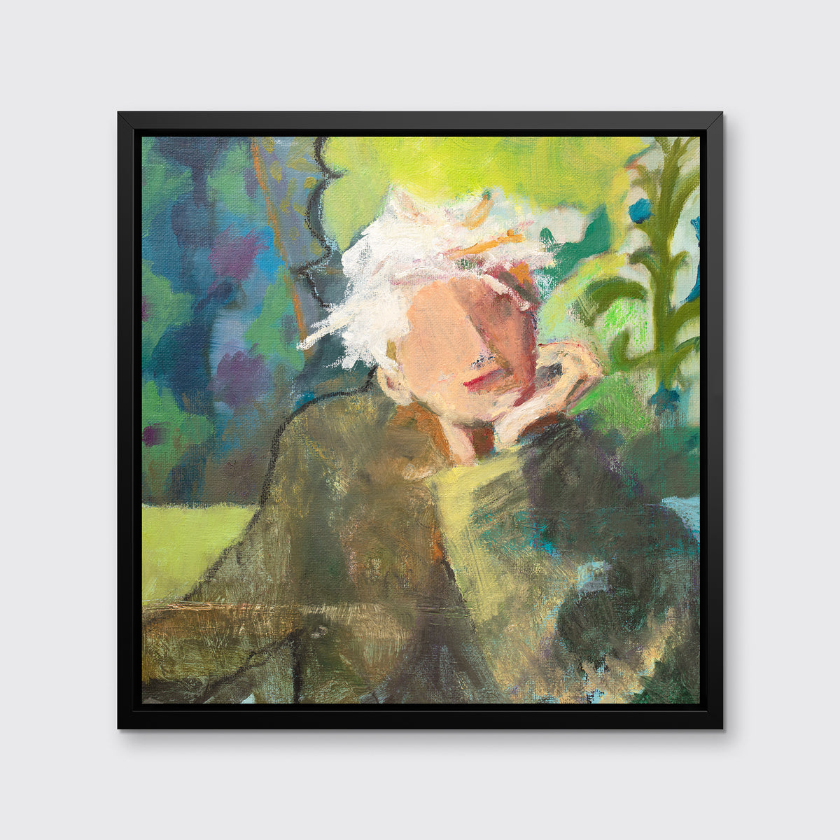 A green, beige and white abstract figural print in a black floater frame hangs on a white wall.