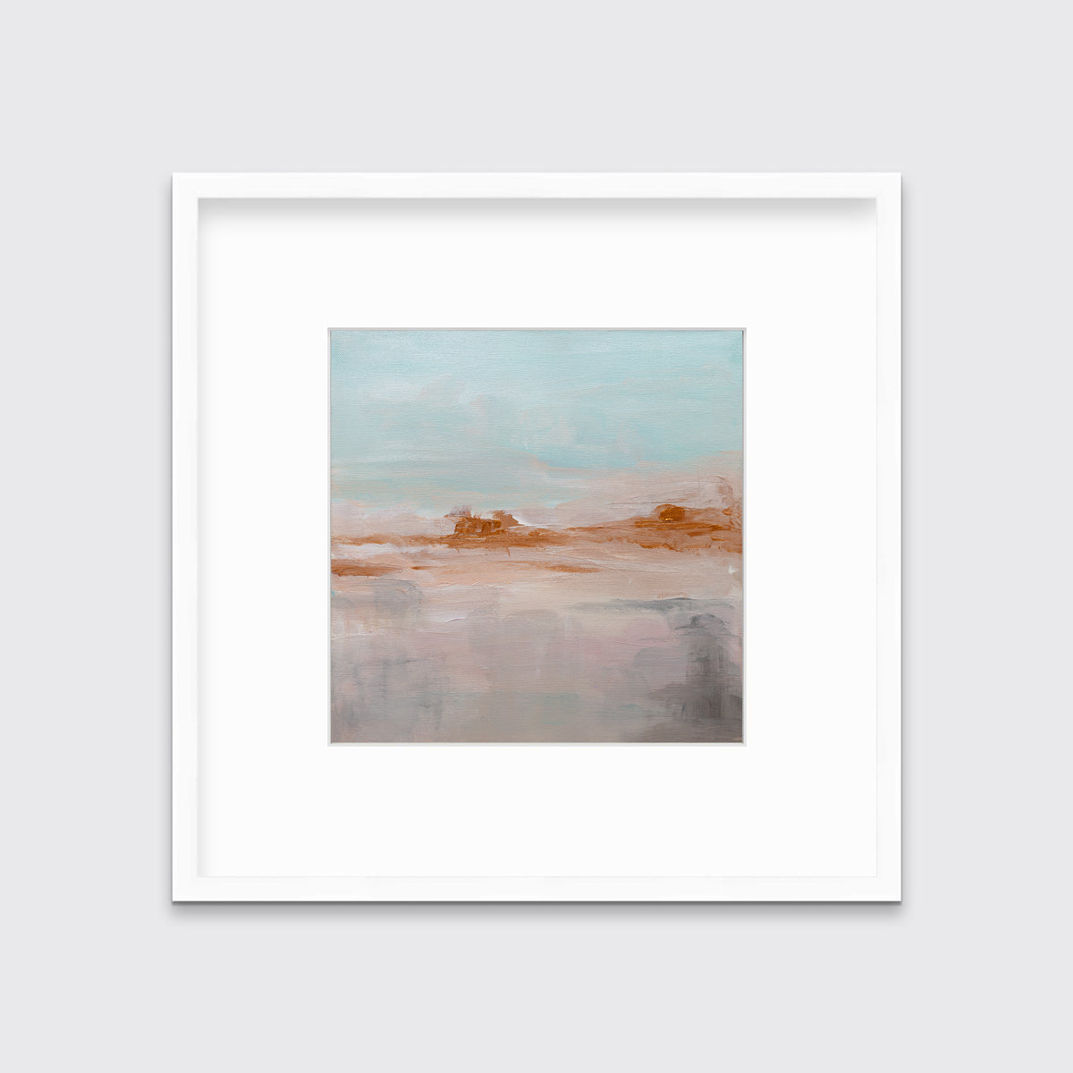 A teal, copper and dusty pink abstract print in a white frame with a mat hangs on a white wall.