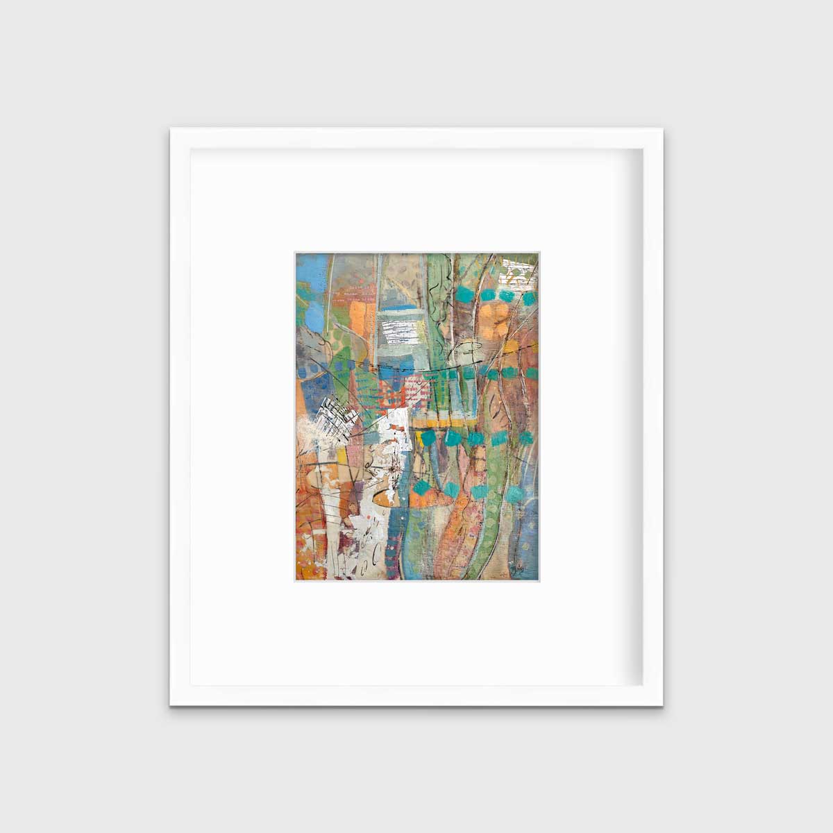 An abstract multicolored print in a white frame with a mat hangs on a white wall.
