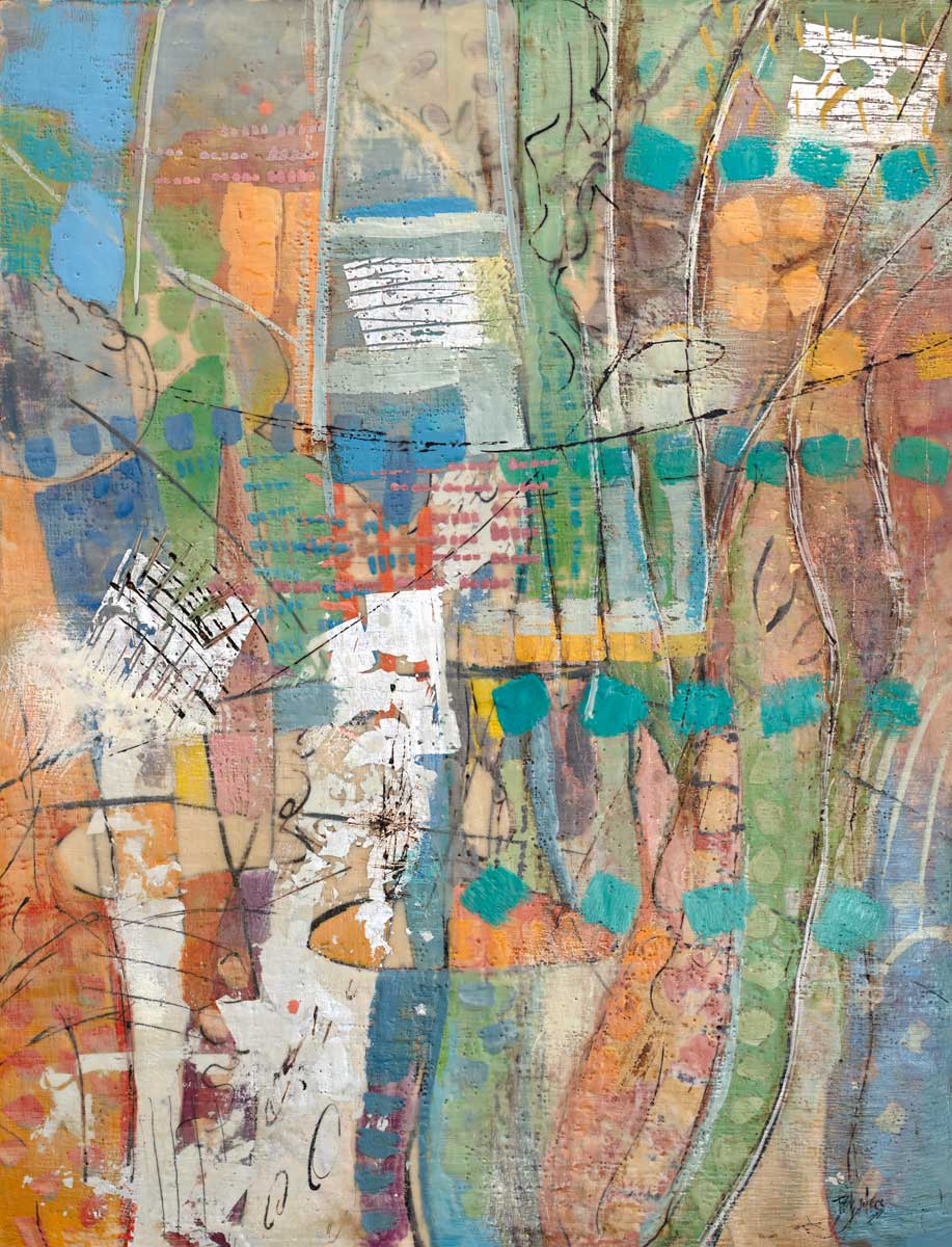 A multicolored abstract painting by Linda Bigness. 