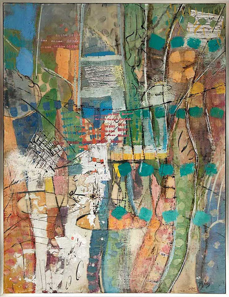 A multicolored abstract painting by Linda Bigness, framed in a warm-silver floater frame. 