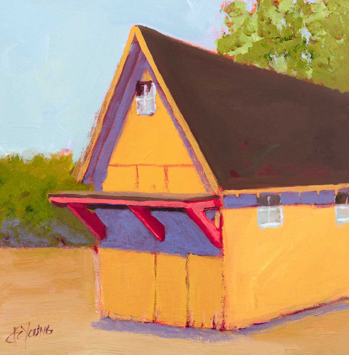 A yellow, orange, lavender and blue contemporary barn print by Carol Young.