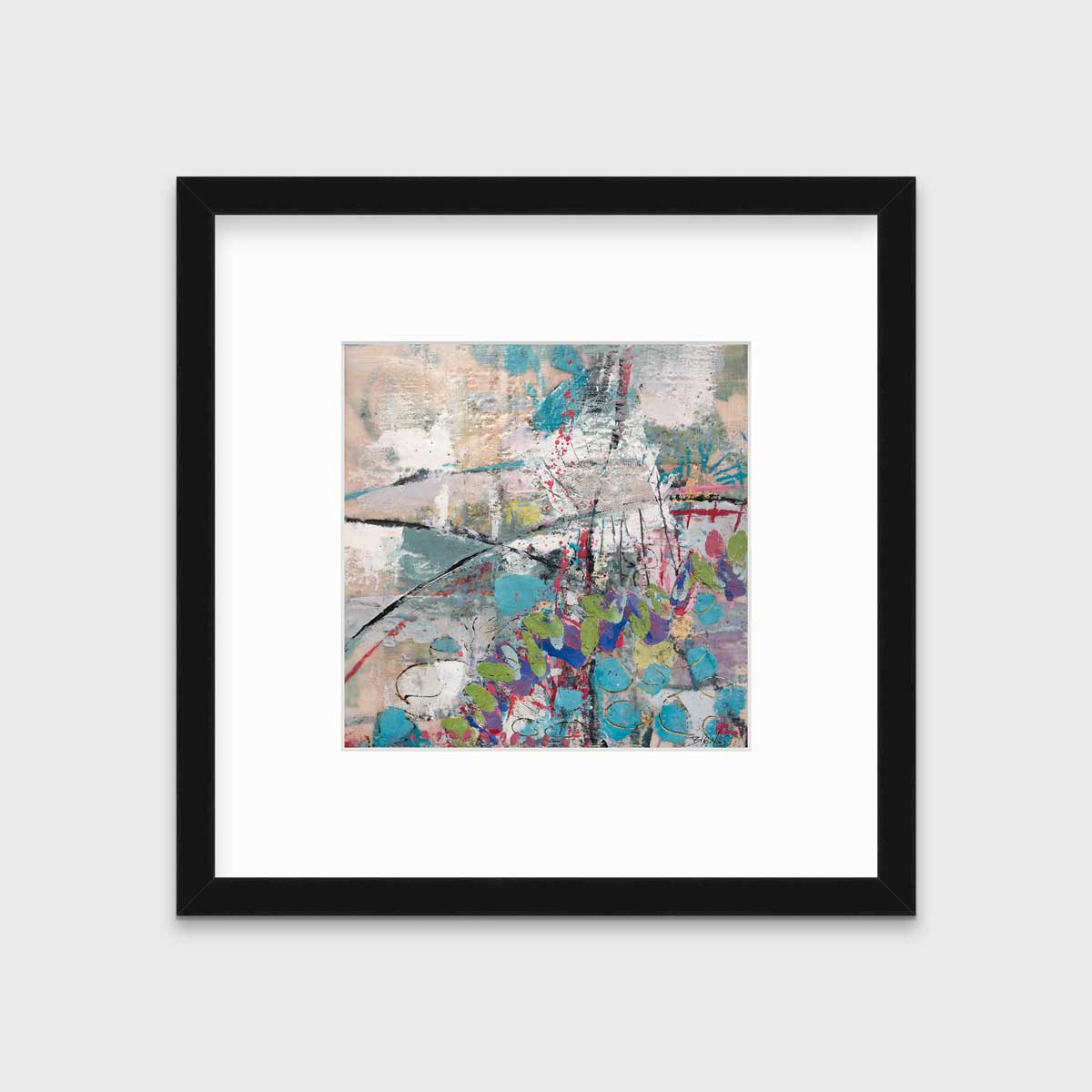 A turquoise, green, beige and pink abstract print in a black frame with a mat hangs on a white wall.