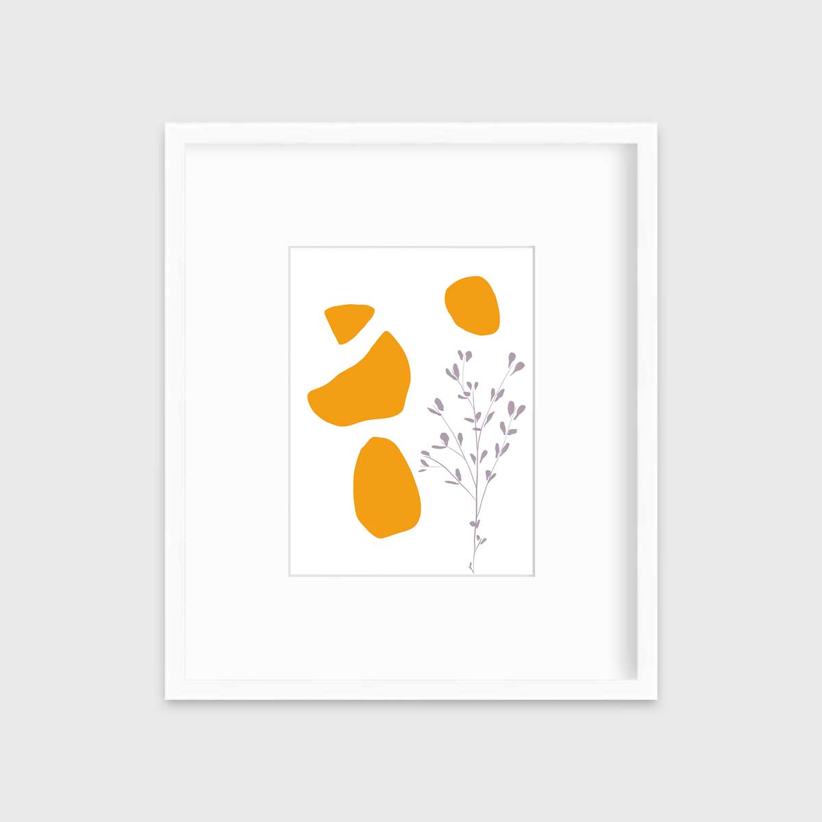 A minimal abstract print of a lavender wildflower with orange geometric shapes by Hazal Ozturk in a white frame with a mat hangs on a white wall.