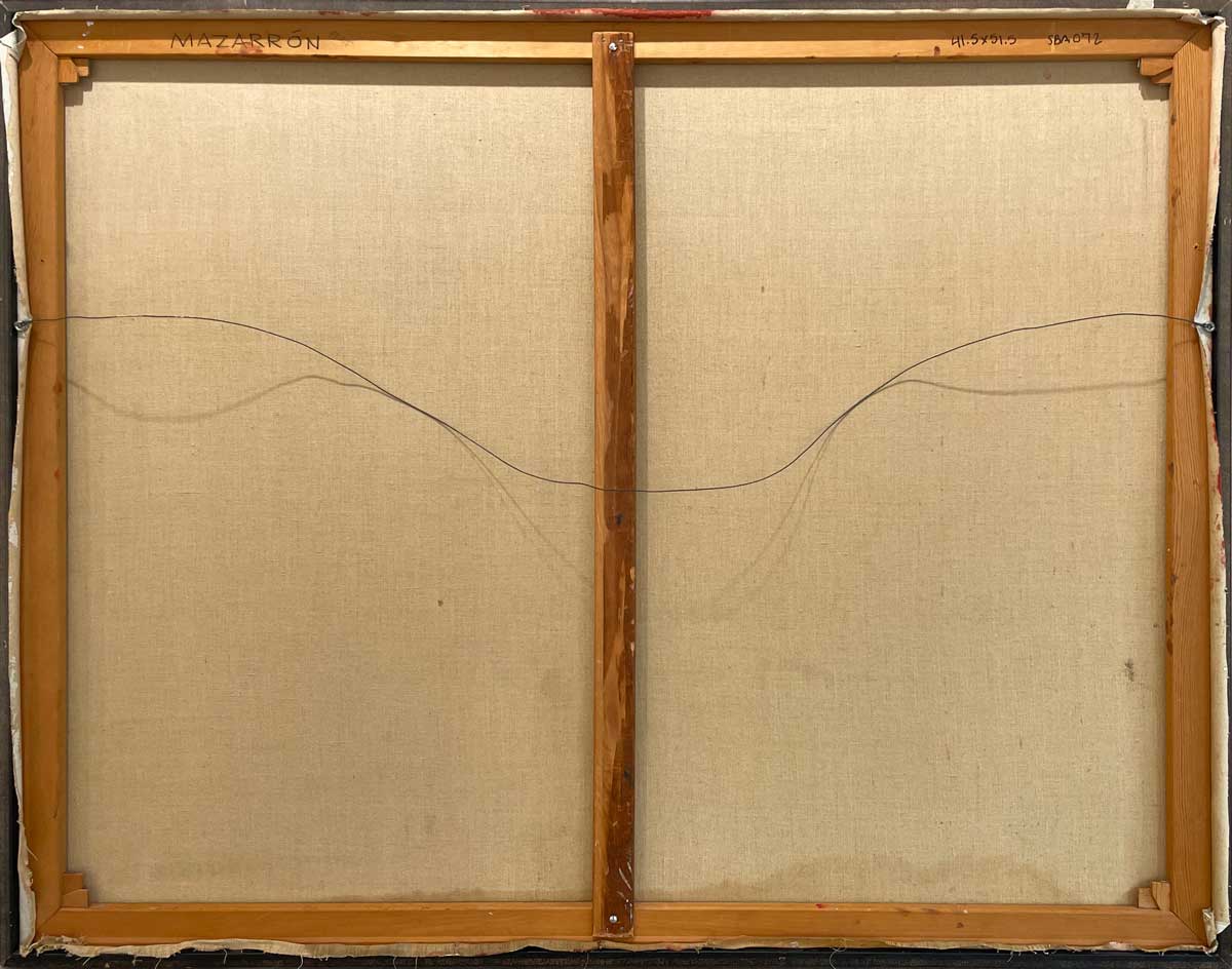 The back of the painting with the title and hanging wire.