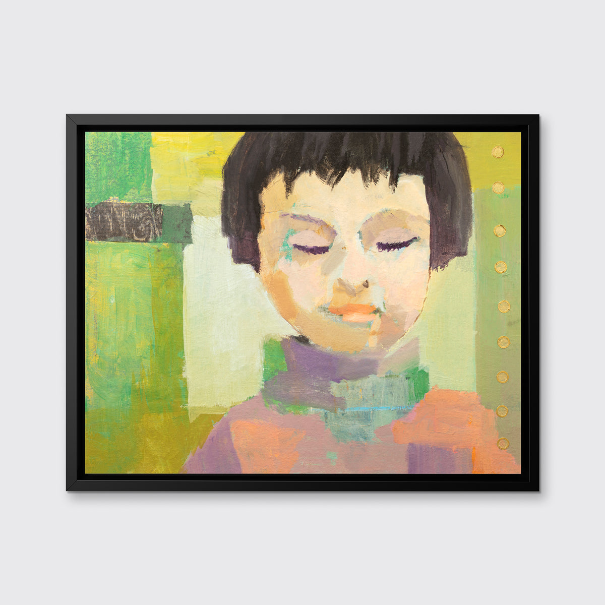 A green, coral, beige and brown abstract figural print in a black floater frame hangs on a white wall.