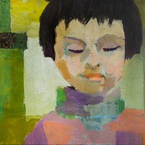 An abstract painting of a small child with dark hair and their eyes closed, wearing an orange and purple sweater in front of an abstracted green background. 