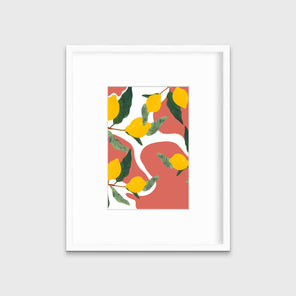 A print of lemons on branches with a terracotta and white organically shaped background in a white frame with a mat hangs on a white wall.