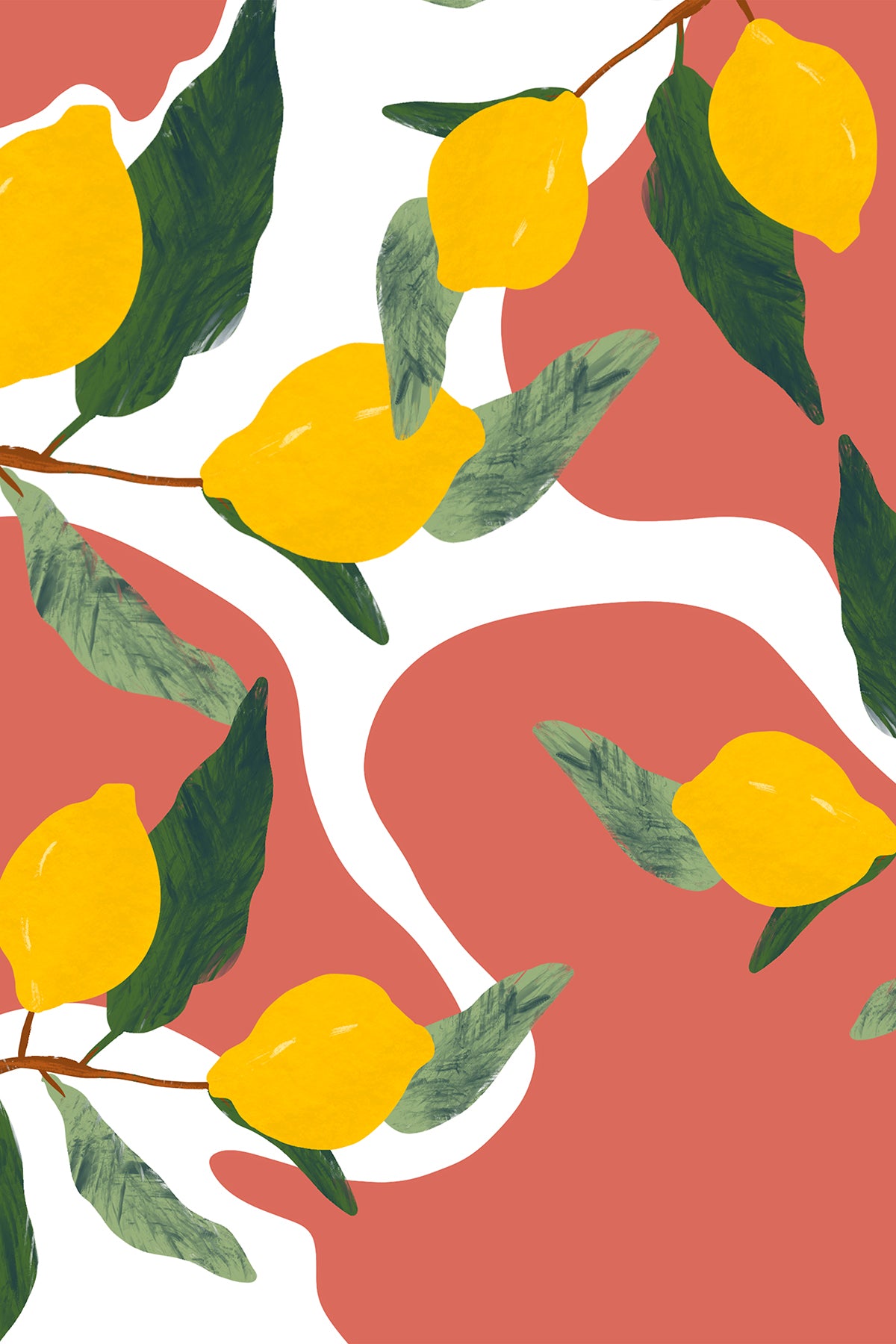 A print of lemons on branches with a terracotta and white organically shaped background. 