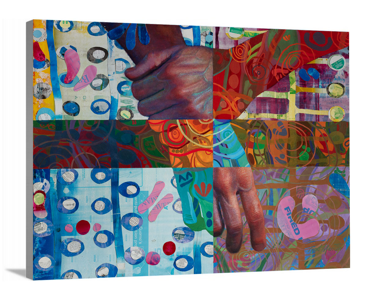 A side-angle view of a multicolored abstract print of two hands on canvas.