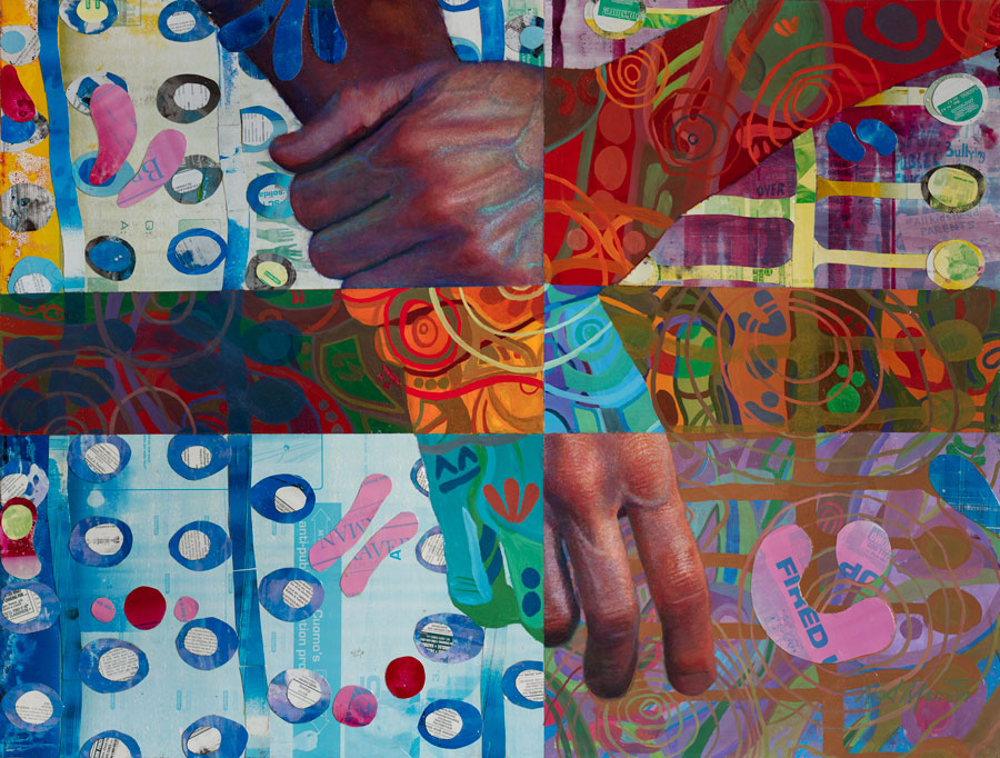 A multicolored abstract print of two hands by Ned Martin.