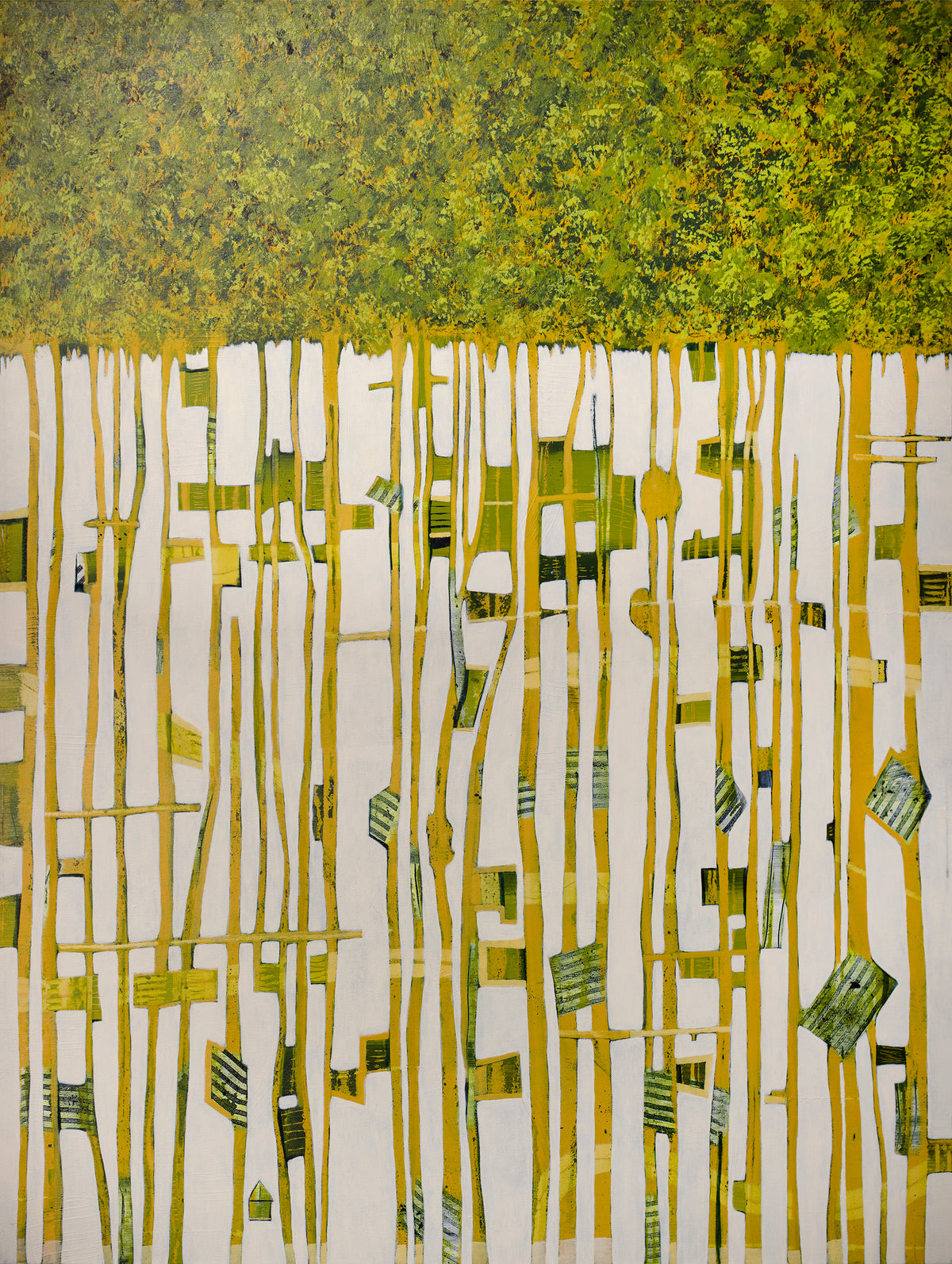 A green, yellow and white abstract print by Sofie Swann.