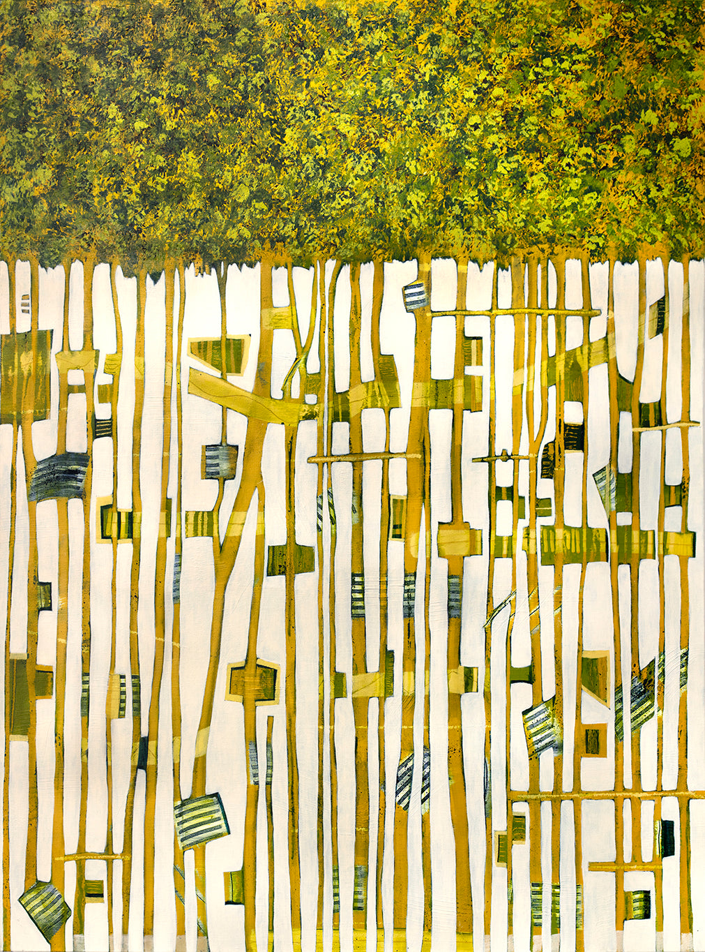 A green, yellow and white abstract print by Sofie Swann.