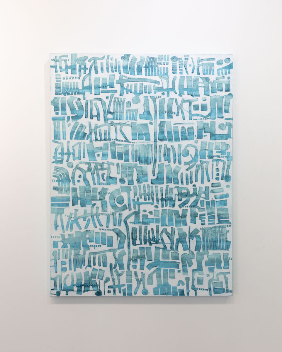 An abstract painting of azure cuneiform forms is hung on a gallery wall.