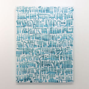 An abstract painting of azure cuneiform forms is hung on a gallery wall.